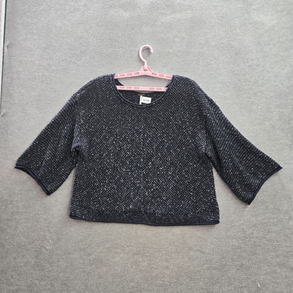Free People‎ Women Sweater Medium Blue Cropped Knit 3/4 Sleeve Pullover